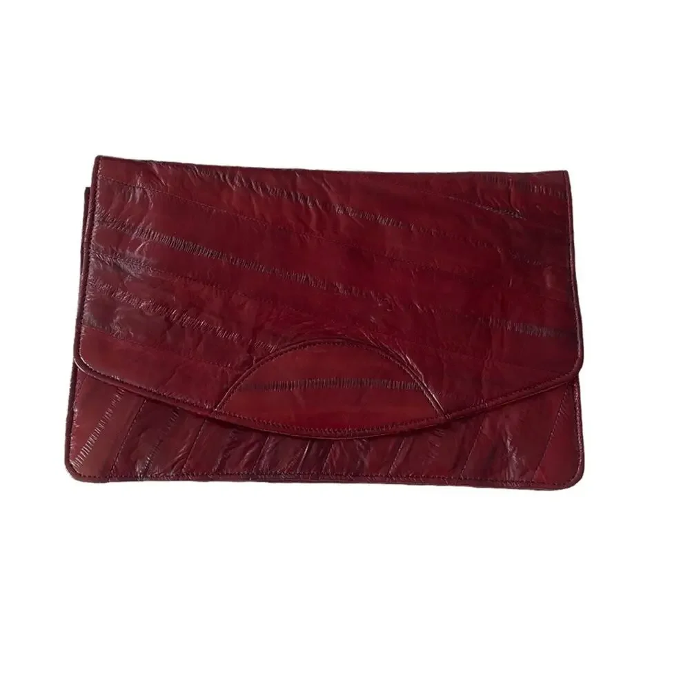Vintage 1970s Eel Skin Clutch Bag Foldover Deep Red GUC